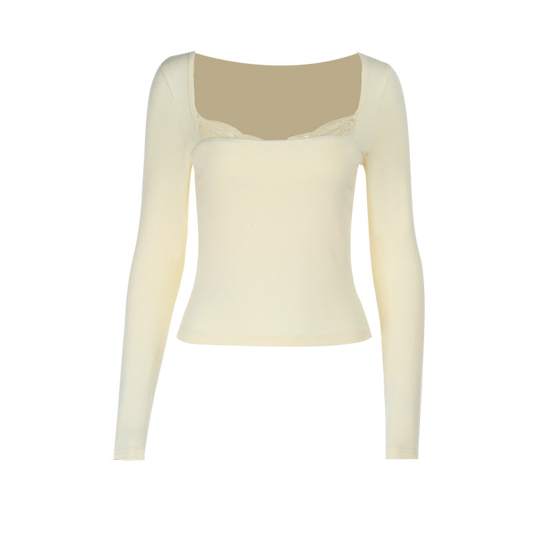 Autumn Chic: Ivory Lace Trim Square Neck Long Sleeve Top - Your Versatile Fall Essential