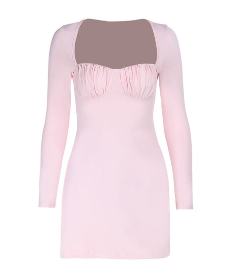 Blush Pink Ruched Bodycon Mini Dress - Long Sleeve Square Neck for Fall Nights Out