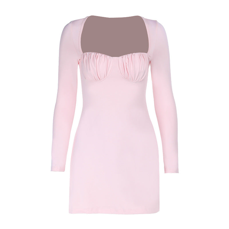 Blush Pink Ruched Bodycon Mini Dress - Long Sleeve Square Neck for Fall Nights Out