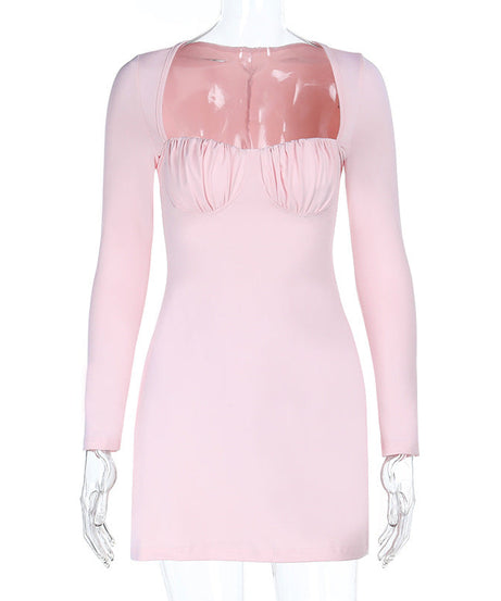 Blush Pink Ruched Bodycon Mini Dress - Long Sleeve Square Neck for Fall Nights Out
