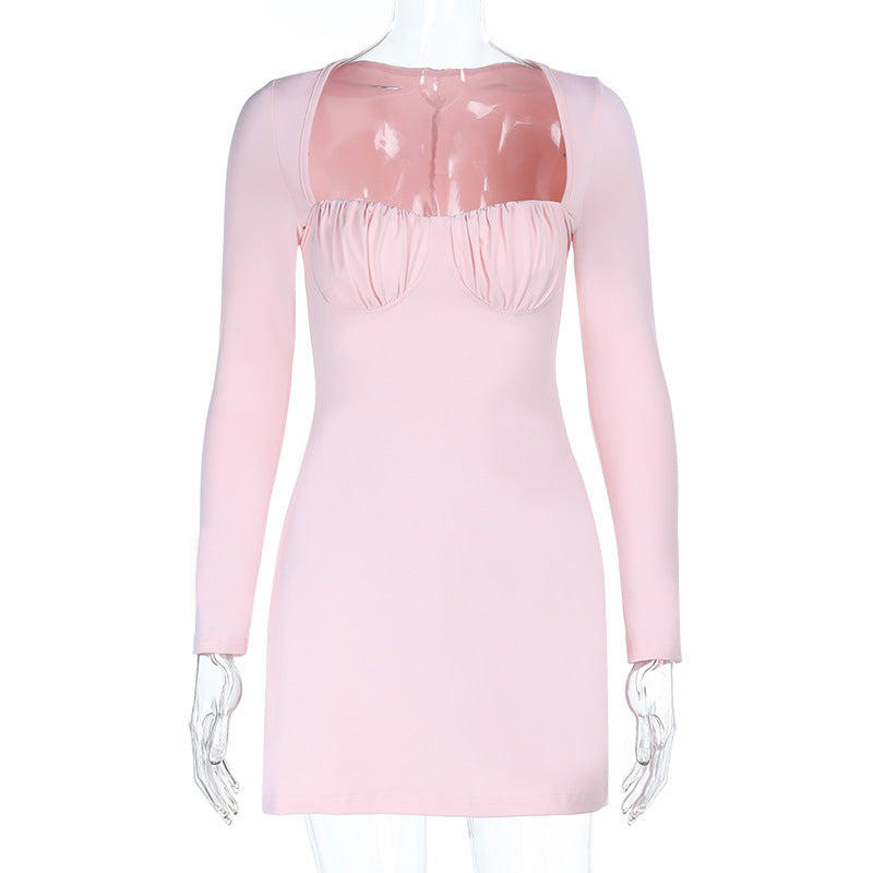 Blush Pink Ruched Bodycon Mini Dress - Long Sleeve Square Neck for Fall Nights Out