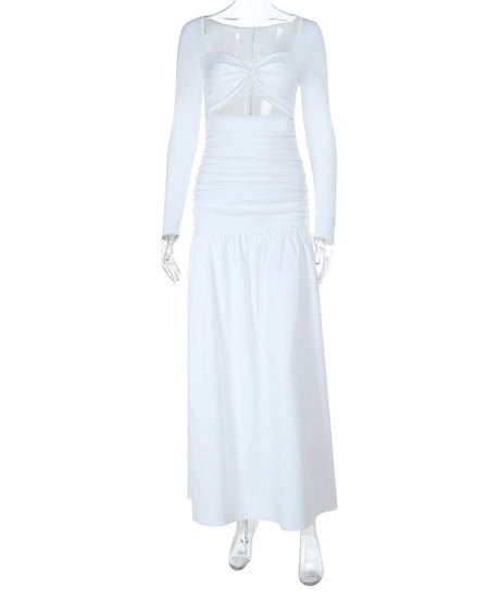 Elegant White Long Sleeve Maxi Dress with Twist Front Cutout & Ruched Waist - Fall Ready Chic