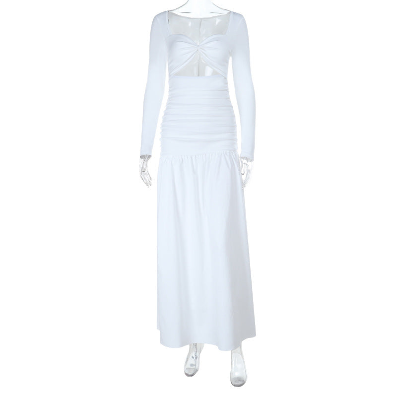 Elegant White Long Sleeve Maxi Dress with Twist Front Cutout & Ruched Waist - Fall Ready Chic