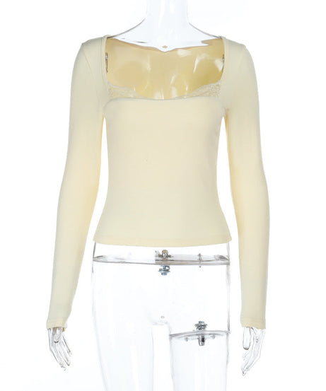 Autumn Chic: Ivory Lace Trim Square Neck Long Sleeve Top - Your Versatile Fall Essential