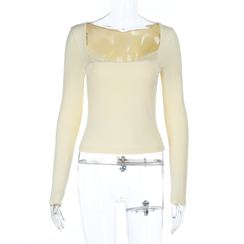 Autumn Chic: Ivory Lace Trim Square Neck Long Sleeve Top - Your Versatile Fall Essential