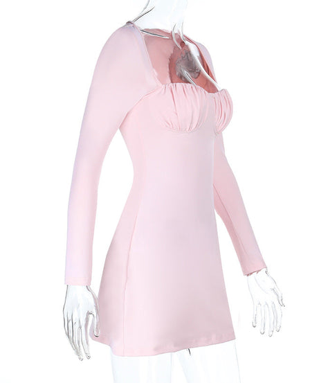 Blush Pink Ruched Bodycon Mini Dress - Long Sleeve Square Neck for Fall Nights Out
