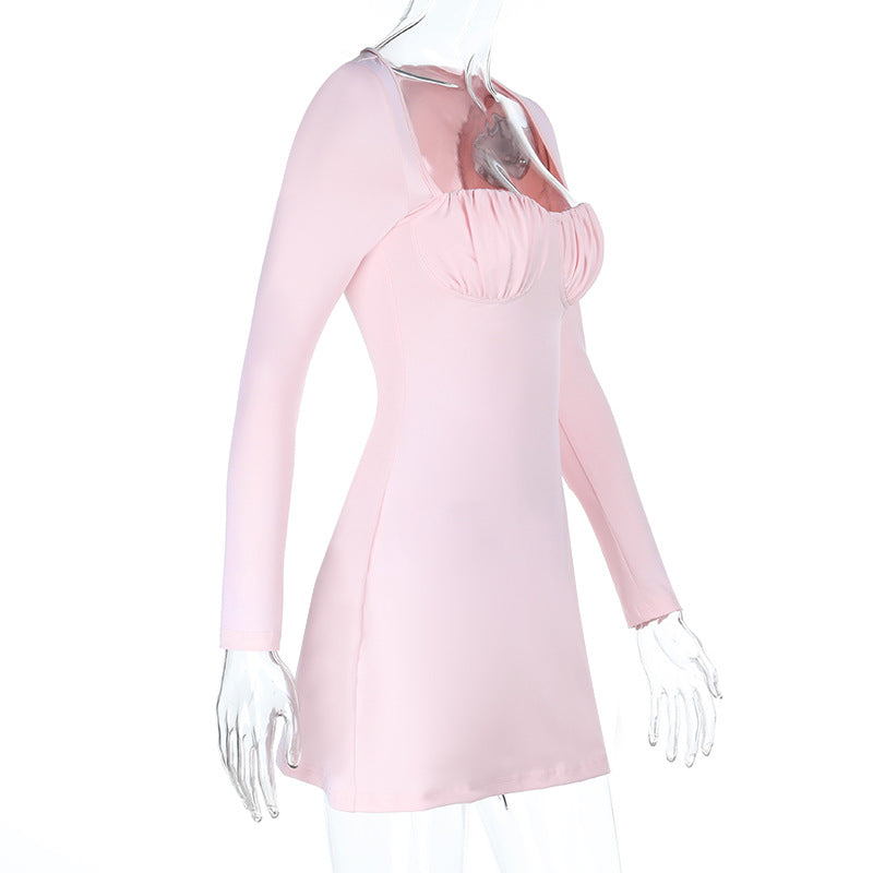 Blush Pink Ruched Bodycon Mini Dress - Long Sleeve Square Neck for Fall Nights Out