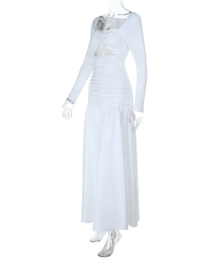 Elegant White Long Sleeve Maxi Dress with Twist Front Cutout & Ruched Waist - Fall Ready Chic