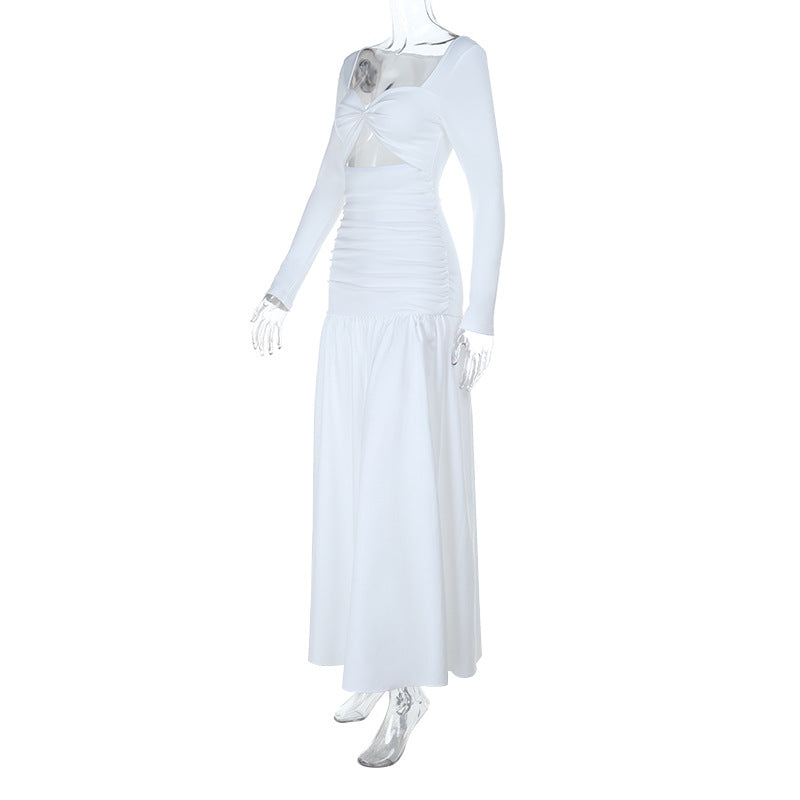 Elegant White Long Sleeve Maxi Dress with Twist Front Cutout & Ruched Waist - Fall Ready Chic