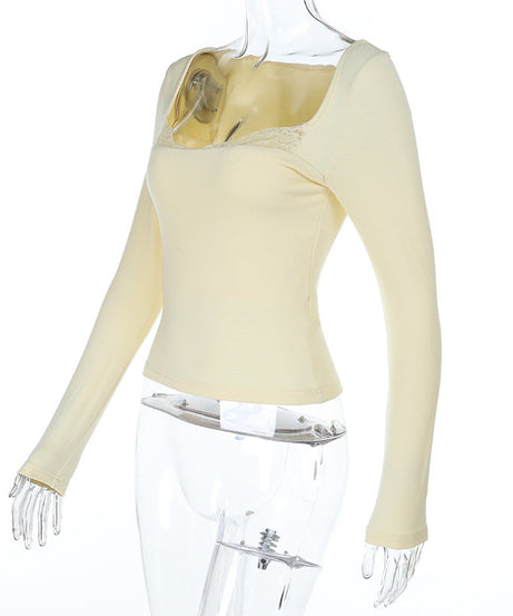 Autumn Chic: Ivory Lace Trim Square Neck Long Sleeve Top - Your Versatile Fall Essential