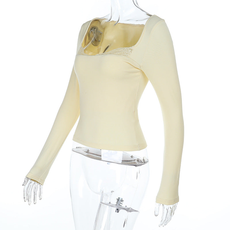 Autumn Chic: Ivory Lace Trim Square Neck Long Sleeve Top - Your Versatile Fall Essential