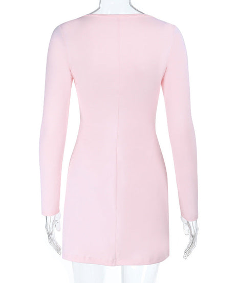 Blush Pink Ruched Bodycon Mini Dress - Long Sleeve Square Neck for Fall Nights Out