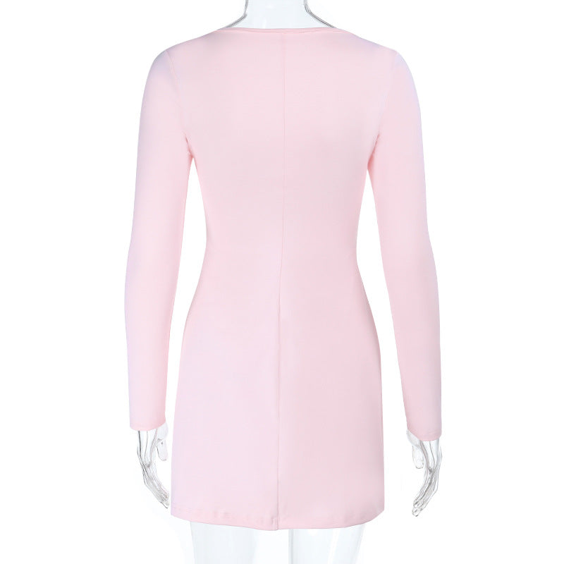 Blush Pink Ruched Bodycon Mini Dress - Long Sleeve Square Neck for Fall Nights Out