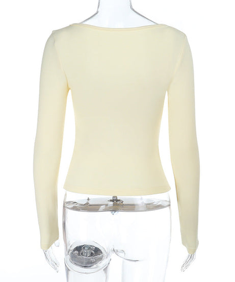 Autumn Chic: Ivory Lace Trim Square Neck Long Sleeve Top - Your Versatile Fall Essential