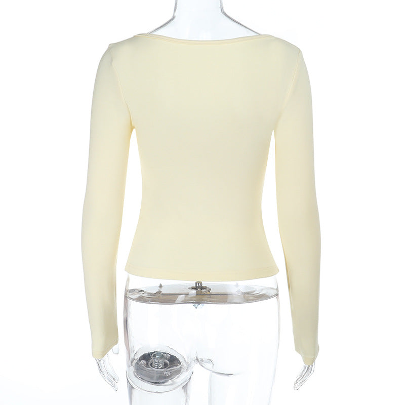 Autumn Chic: Ivory Lace Trim Square Neck Long Sleeve Top - Your Versatile Fall Essential