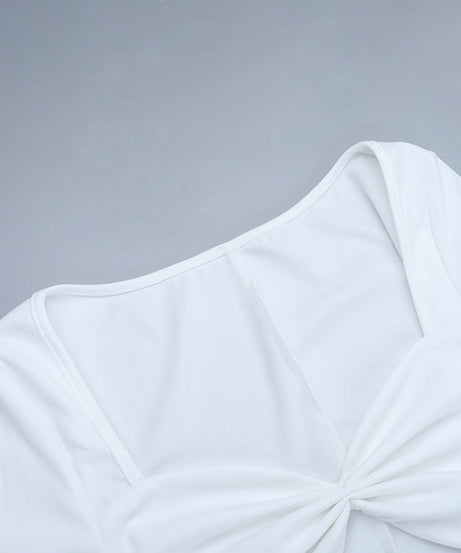 Elegant White Long Sleeve Maxi Dress with Twist Front Cutout & Ruched Waist - Fall Ready Chic