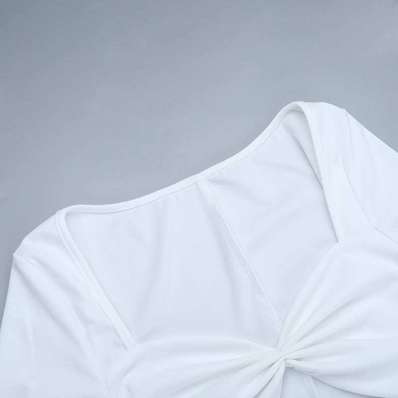 Elegant White Long Sleeve Maxi Dress with Twist Front Cutout & Ruched Waist - Fall Ready Chic