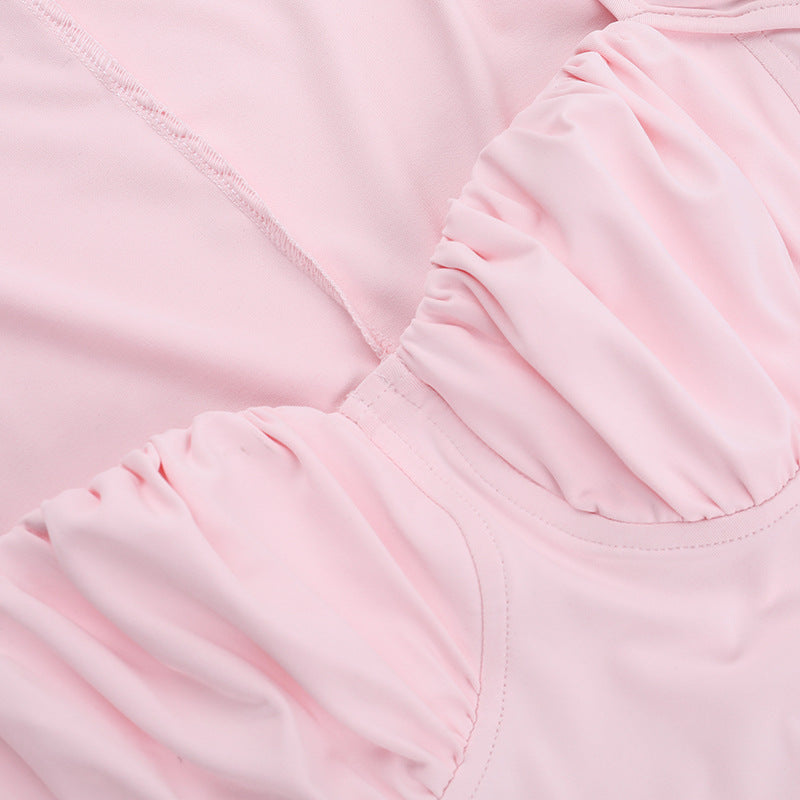 Blush Pink Ruched Bodycon Mini Dress - Long Sleeve Square Neck for Fall Nights Out