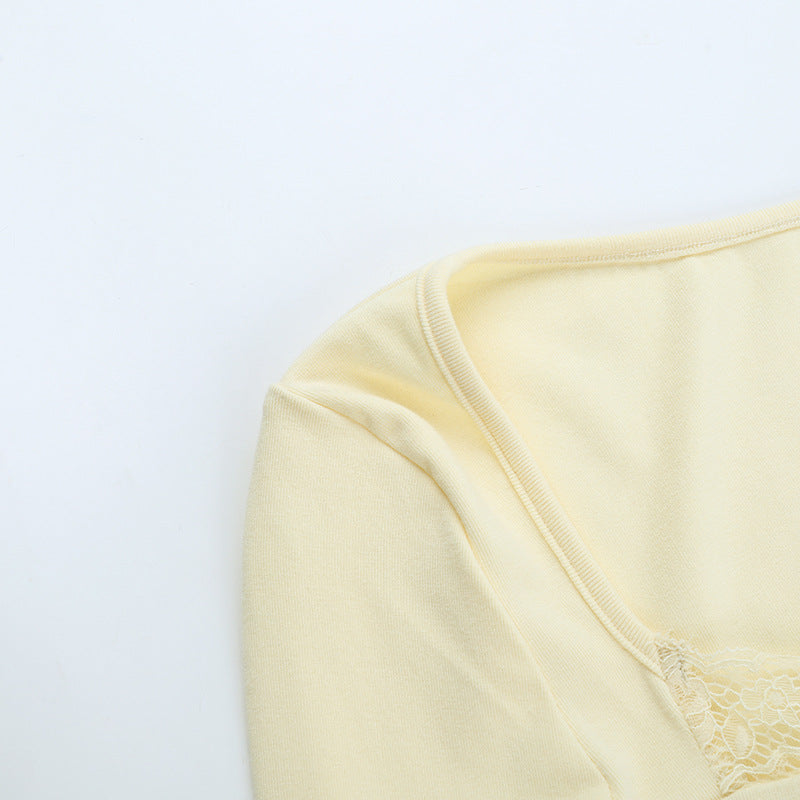 Autumn Chic: Ivory Lace Trim Square Neck Long Sleeve Top - Your Versatile Fall Essential