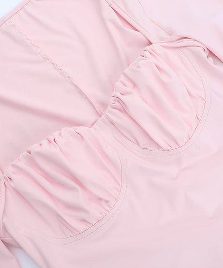 Blush Pink Ruched Bodycon Mini Dress - Long Sleeve Square Neck for Fall Nights Out