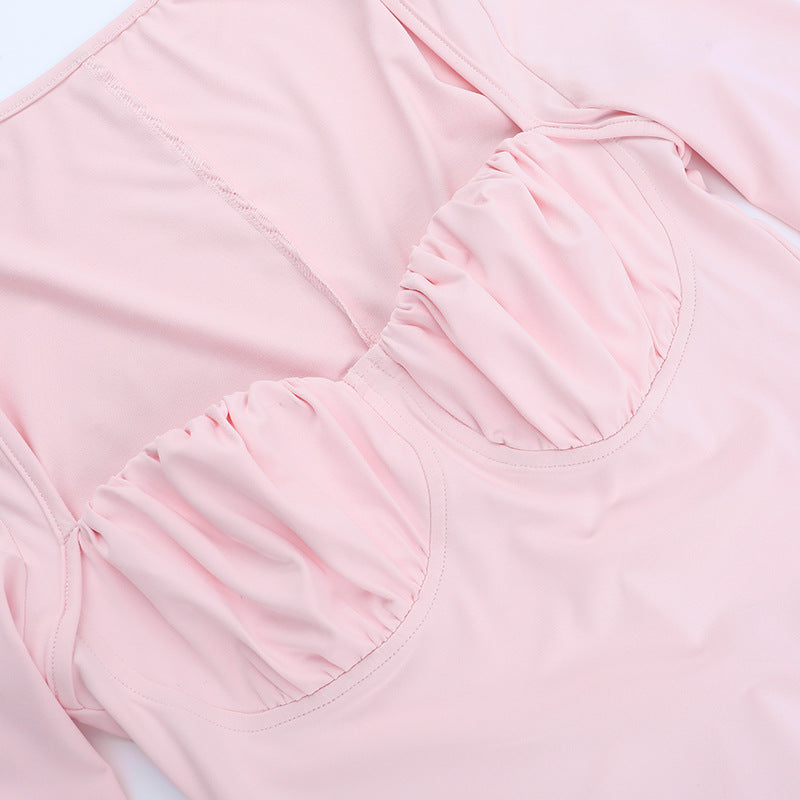 Blush Pink Ruched Bodycon Mini Dress - Long Sleeve Square Neck for Fall Nights Out