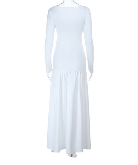 Elegant White Long Sleeve Maxi Dress with Twist Front Cutout & Ruched Waist - Fall Ready Chic