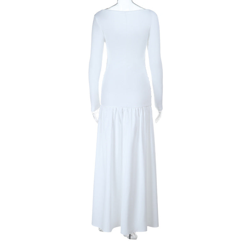 Elegant White Long Sleeve Maxi Dress with Twist Front Cutout & Ruched Waist - Fall Ready Chic
