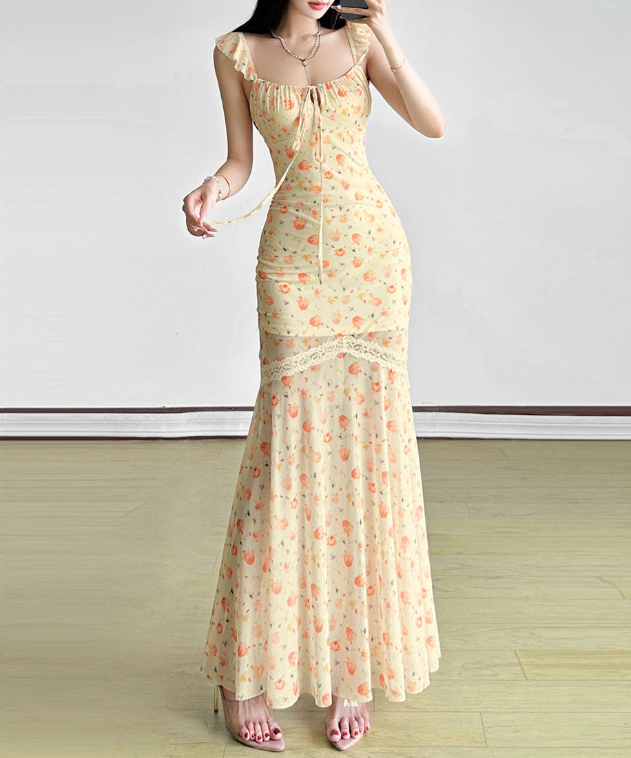 Golden Hour Peach Bloom Maxi Dress - Ruffle Strap Ruched & Lace Trim for Vacation Ready Style