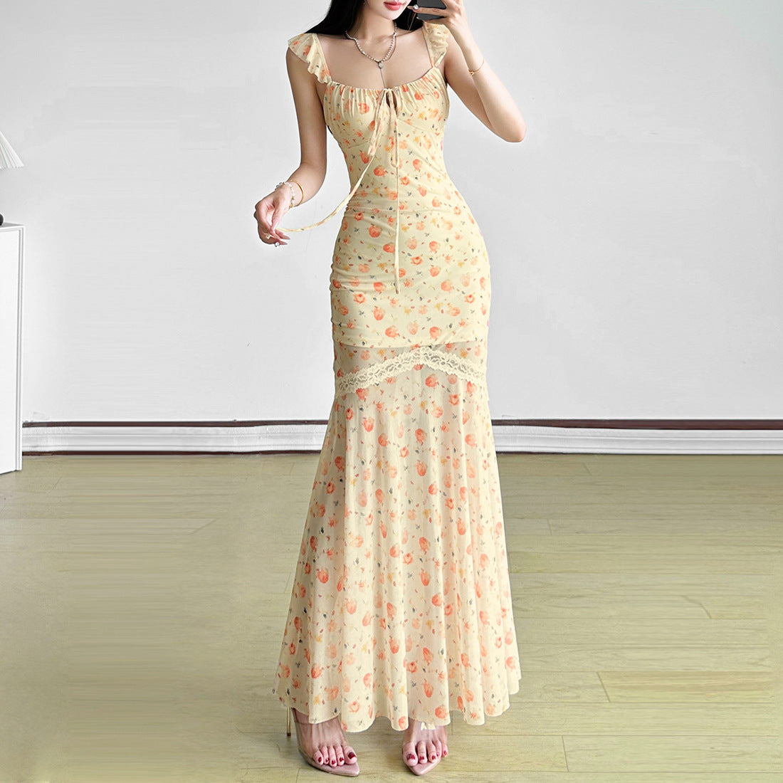 Golden Hour Peach Bloom Maxi Dress - Ruffle Strap Ruched & Lace Trim for Vacation Ready Style