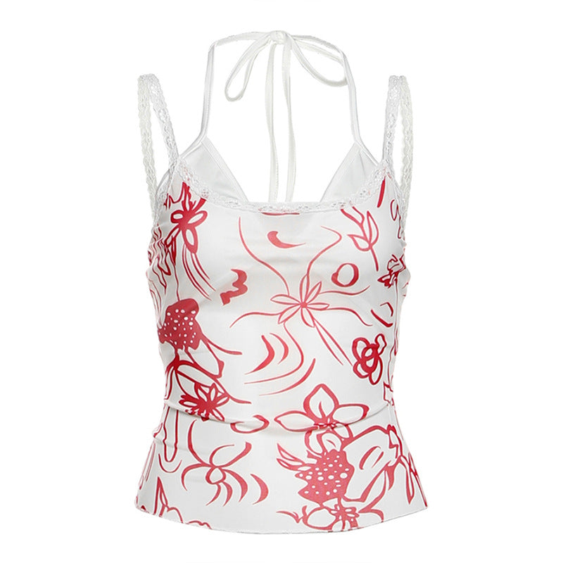 Effortless Chic Red Floral Halter Cami | Lace Trim Tank for Fall Layering & Holidays