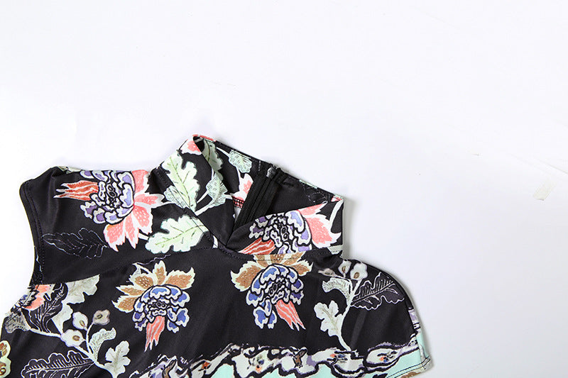 Chic Floral Contrast Mock Neck Mini Dress - Ruched Bodycon for Fall Parties & Nights Out