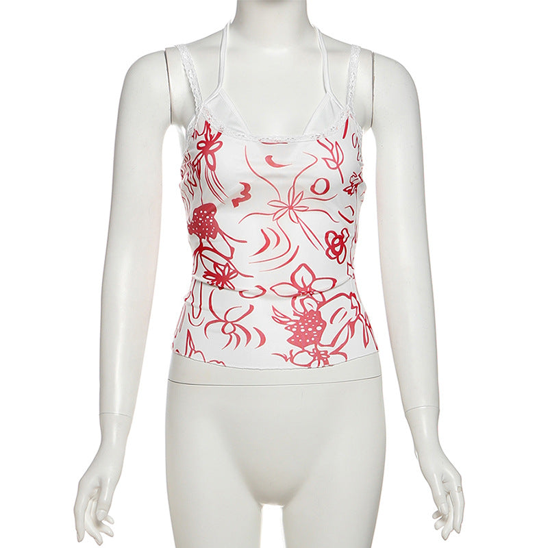Effortless Chic Red Floral Halter Cami | Lace Trim Tank for Fall Layering & Holidays