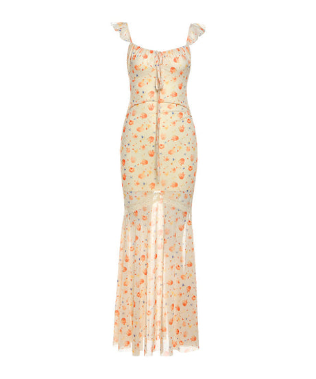 Golden Hour Peach Bloom Maxi Dress - Ruffle Strap Ruched & Lace Trim for Vacation Ready Style