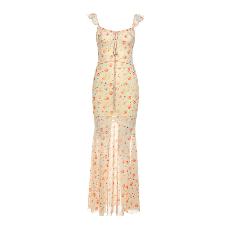 Golden Hour Peach Bloom Maxi Dress - Ruffle Strap Ruched & Lace Trim for Vacation Ready Style