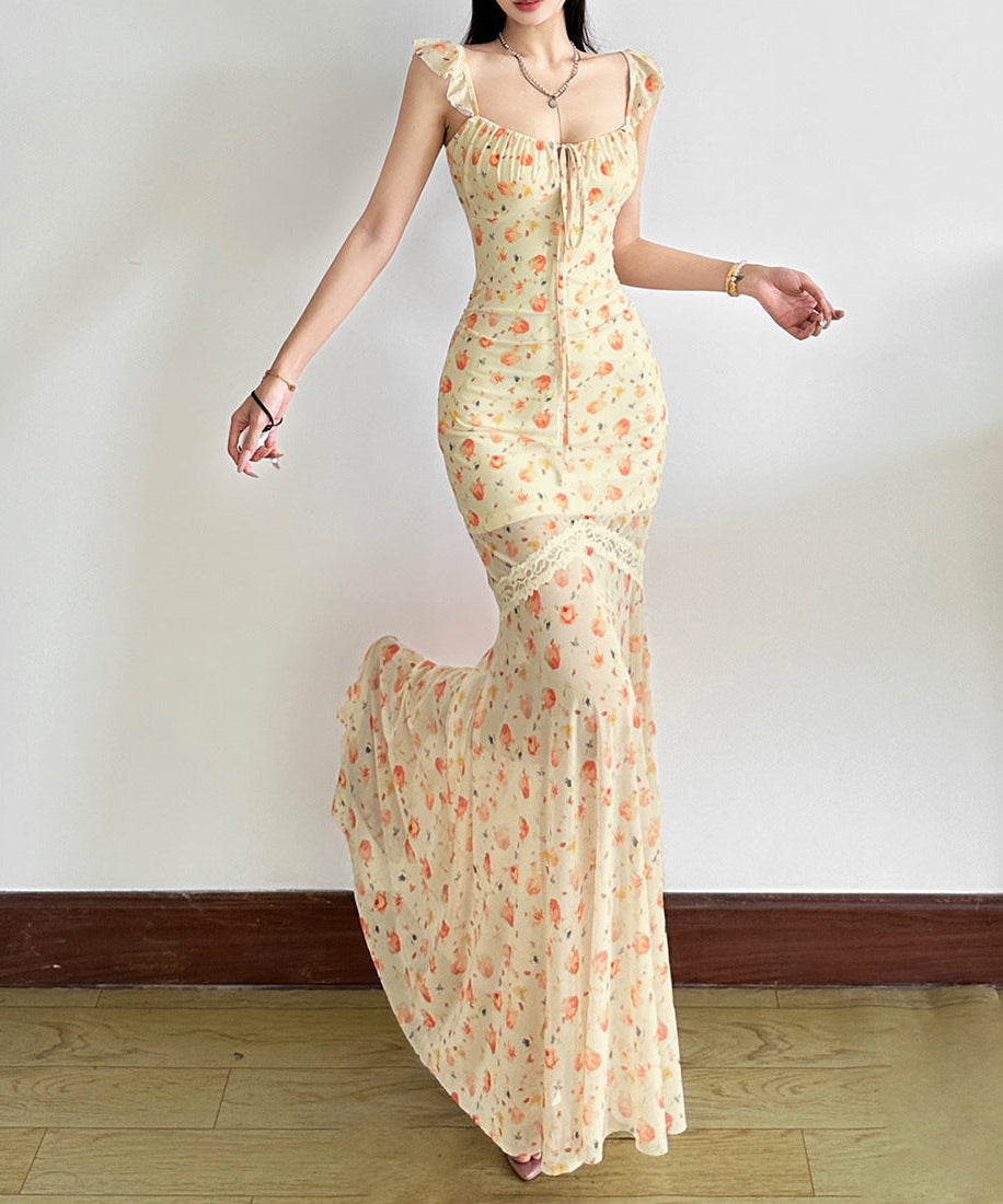 Golden Hour Peach Bloom Maxi Dress - Ruffle Strap Ruched & Lace Trim for Vacation Ready Style