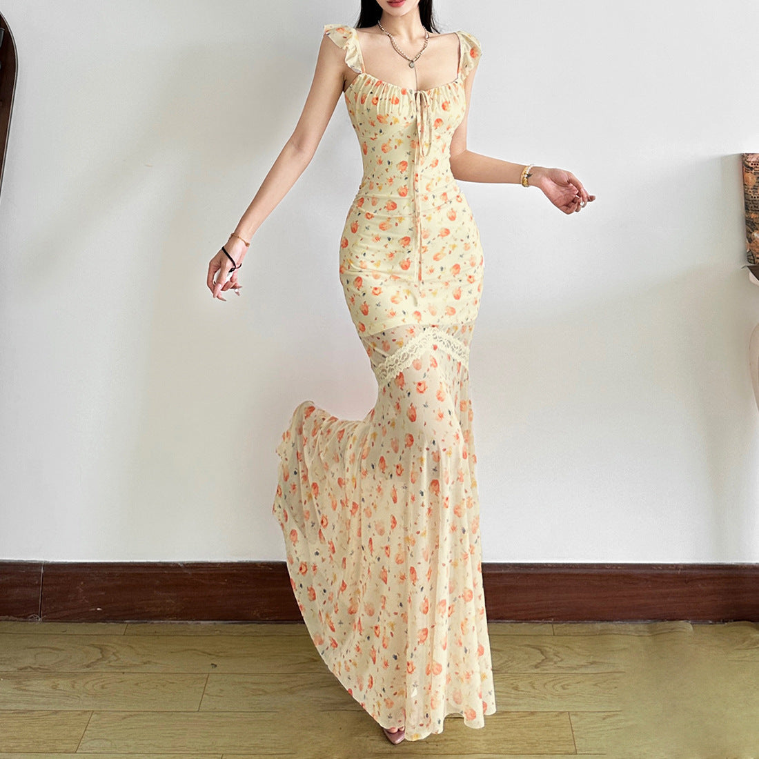 Golden Hour Peach Bloom Maxi Dress - Ruffle Strap Ruched & Lace Trim for Vacation Ready Style