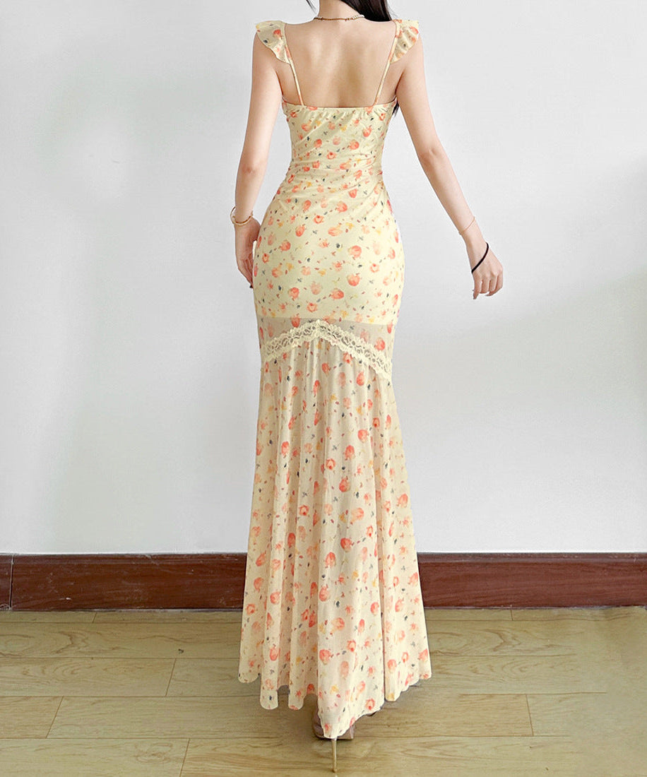 Golden Hour Peach Bloom Maxi Dress - Ruffle Strap Ruched & Lace Trim for Vacation Ready Style