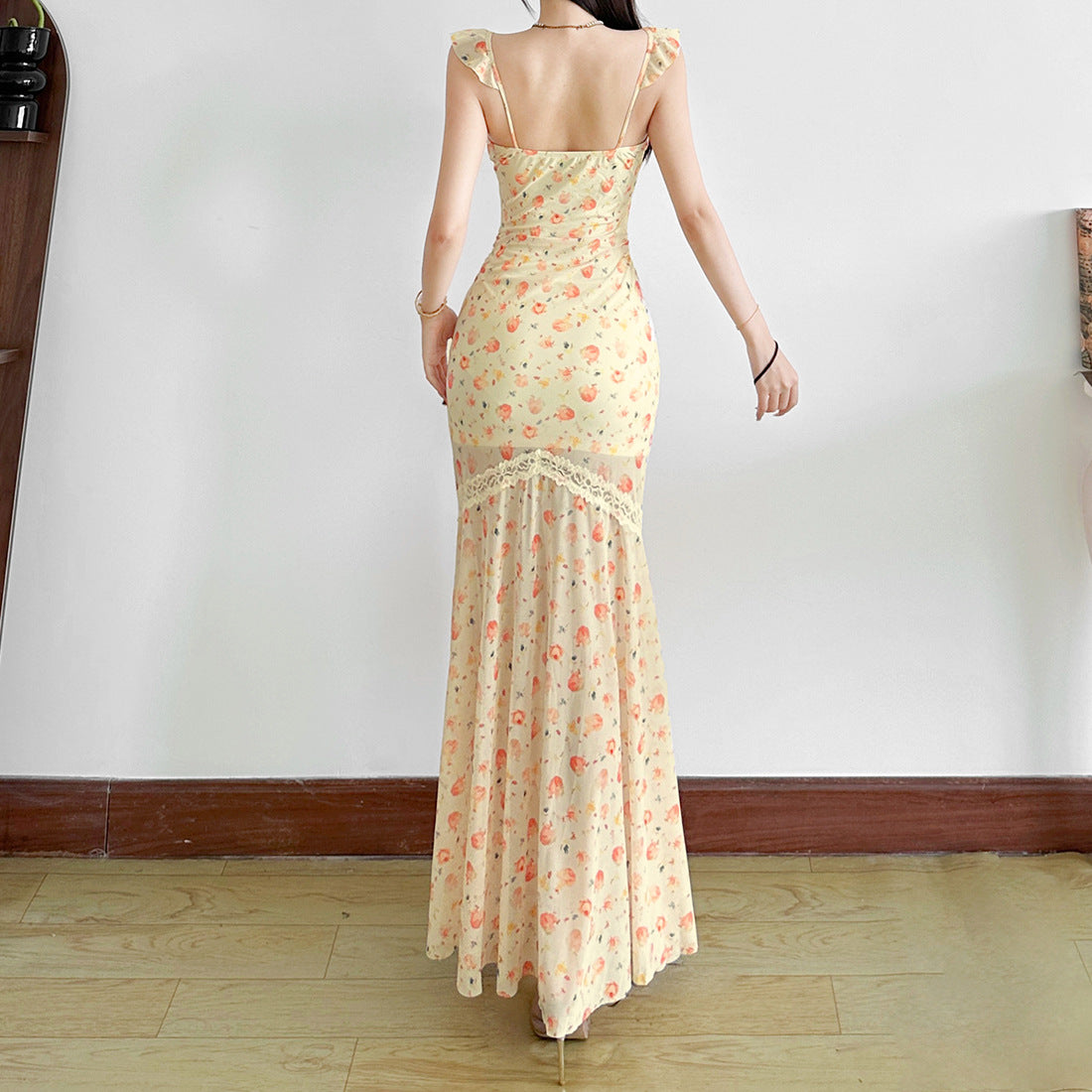 Golden Hour Peach Bloom Maxi Dress - Ruffle Strap Ruched & Lace Trim for Vacation Ready Style