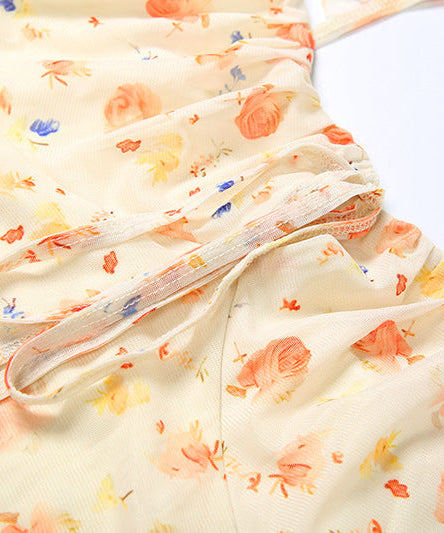 Golden Hour Peach Bloom Maxi Dress - Ruffle Strap Ruched & Lace Trim for Vacation Ready Style