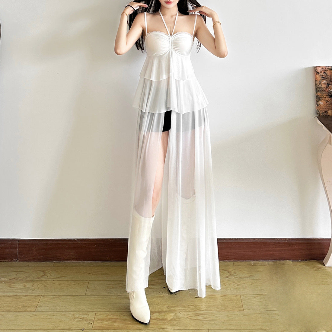 Boho Chic Sheer Tiered Maxi Dress - Halter & Ruffle Layers for Fall Styling