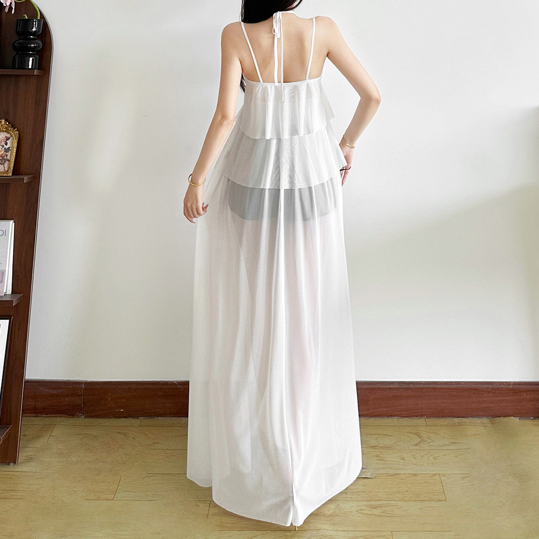 Boho Chic Sheer Tiered Maxi Dress - Halter & Ruffle Layers for Fall Styling