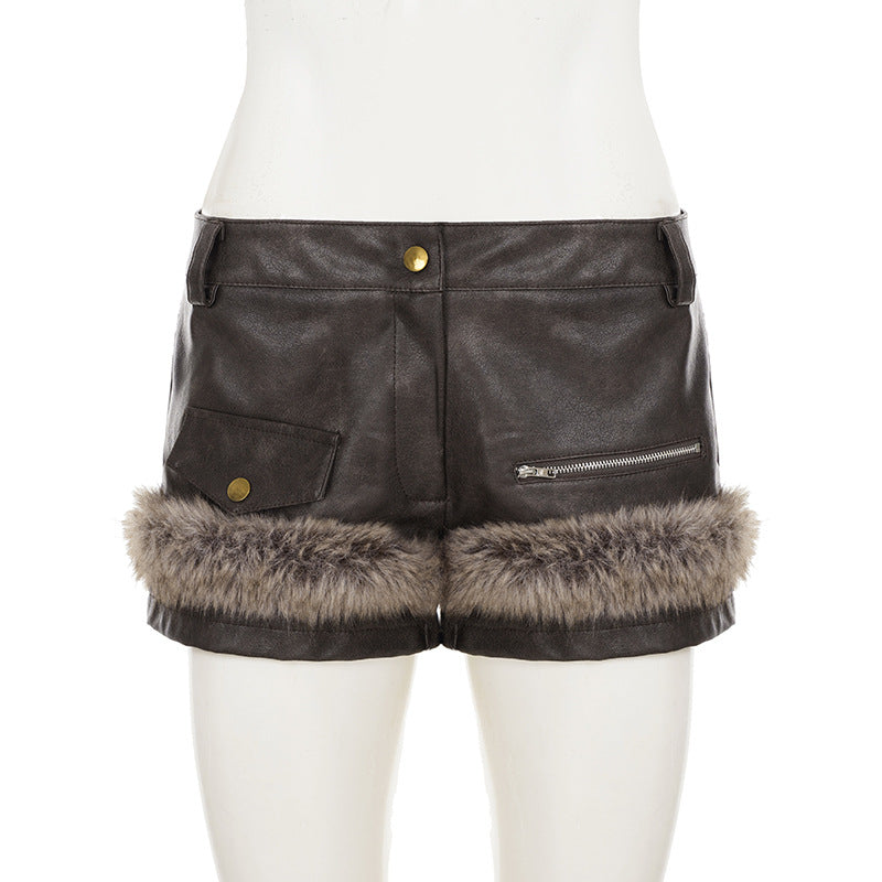Chic Faux Leather & Fur Trim Shorts | Edgy Fall/Winter Style for Women