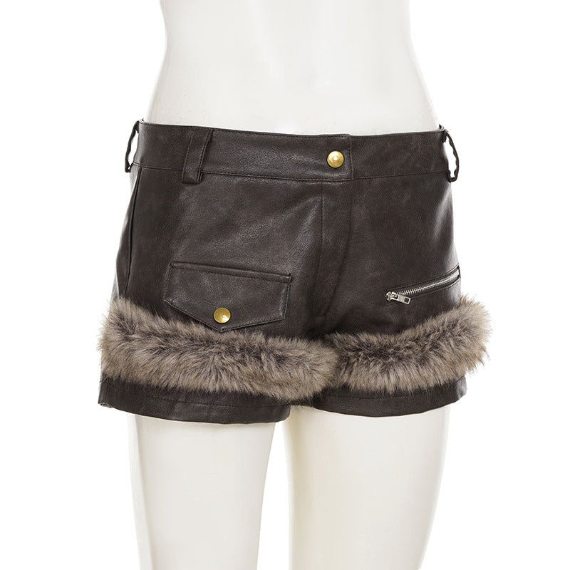 Chic Faux Leather & Fur Trim Shorts | Edgy Fall/Winter Style for Women