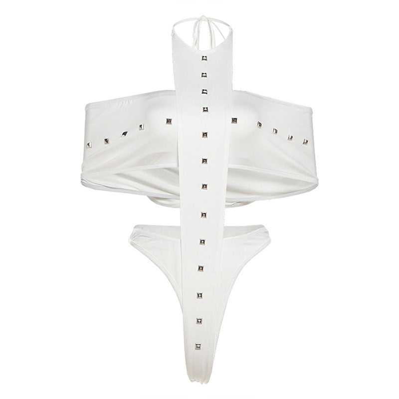 Daring Diva White Studded Halter Cutout Two-Piece Set - Club, Festival & Halloween Party Ready