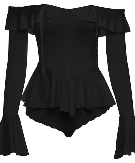 Romantic Off-Shoulder Ruffle Bodysuit | Peplum & Bell Sleeves - Fall & Holiday Chic