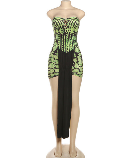 Serpent Chic Strapless Bodycon Mini Dress with Dramatic Tail – Your Fierce Fall & Halloween Statement