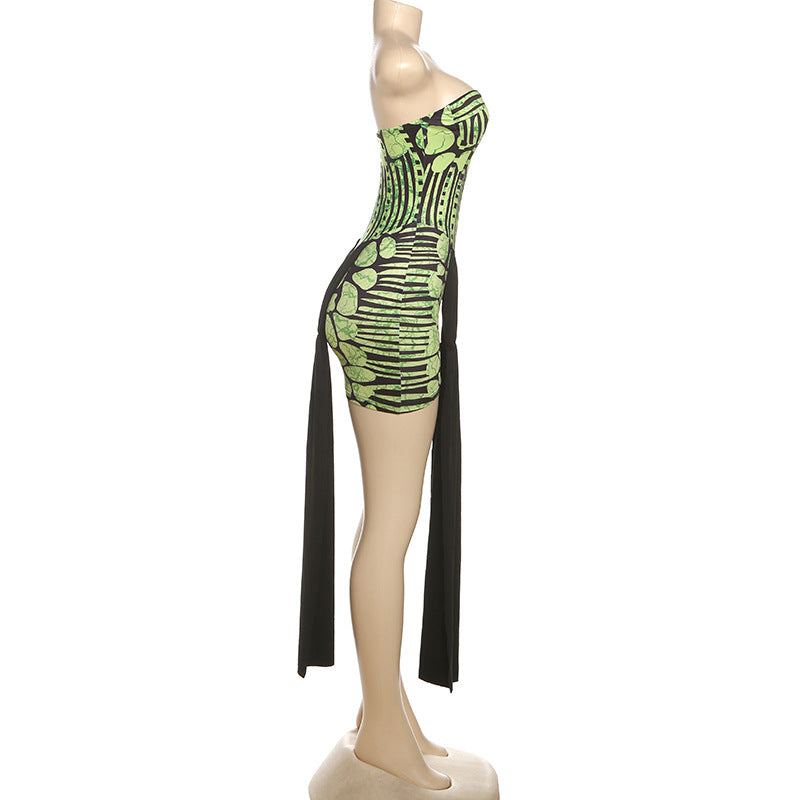 Serpent Chic Strapless Bodycon Mini Dress with Dramatic Tail – Your Fierce Fall & Halloween Statement