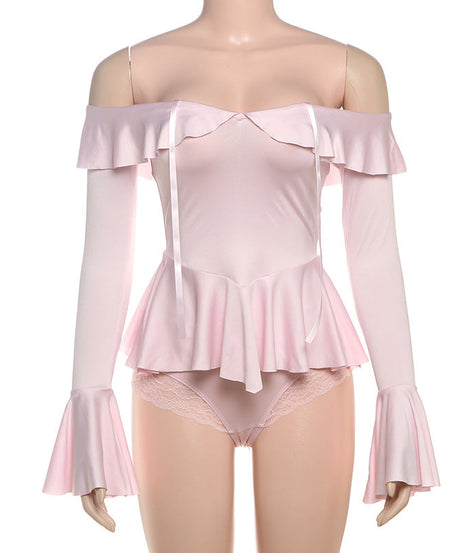 Romantic Off-Shoulder Ruffle Bodysuit | Peplum & Bell Sleeves - Fall & Holiday Chic