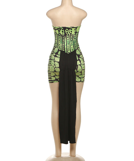 Serpent Chic Strapless Bodycon Mini Dress with Dramatic Tail – Your Fierce Fall & Halloween Statement