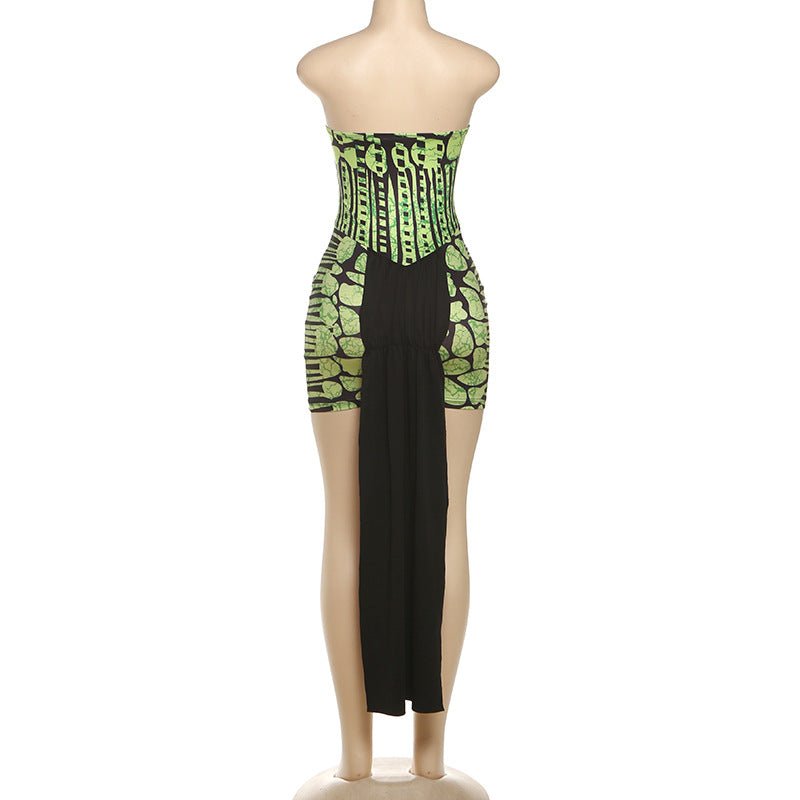 Serpent Chic Strapless Bodycon Mini Dress with Dramatic Tail – Your Fierce Fall & Halloween Statement